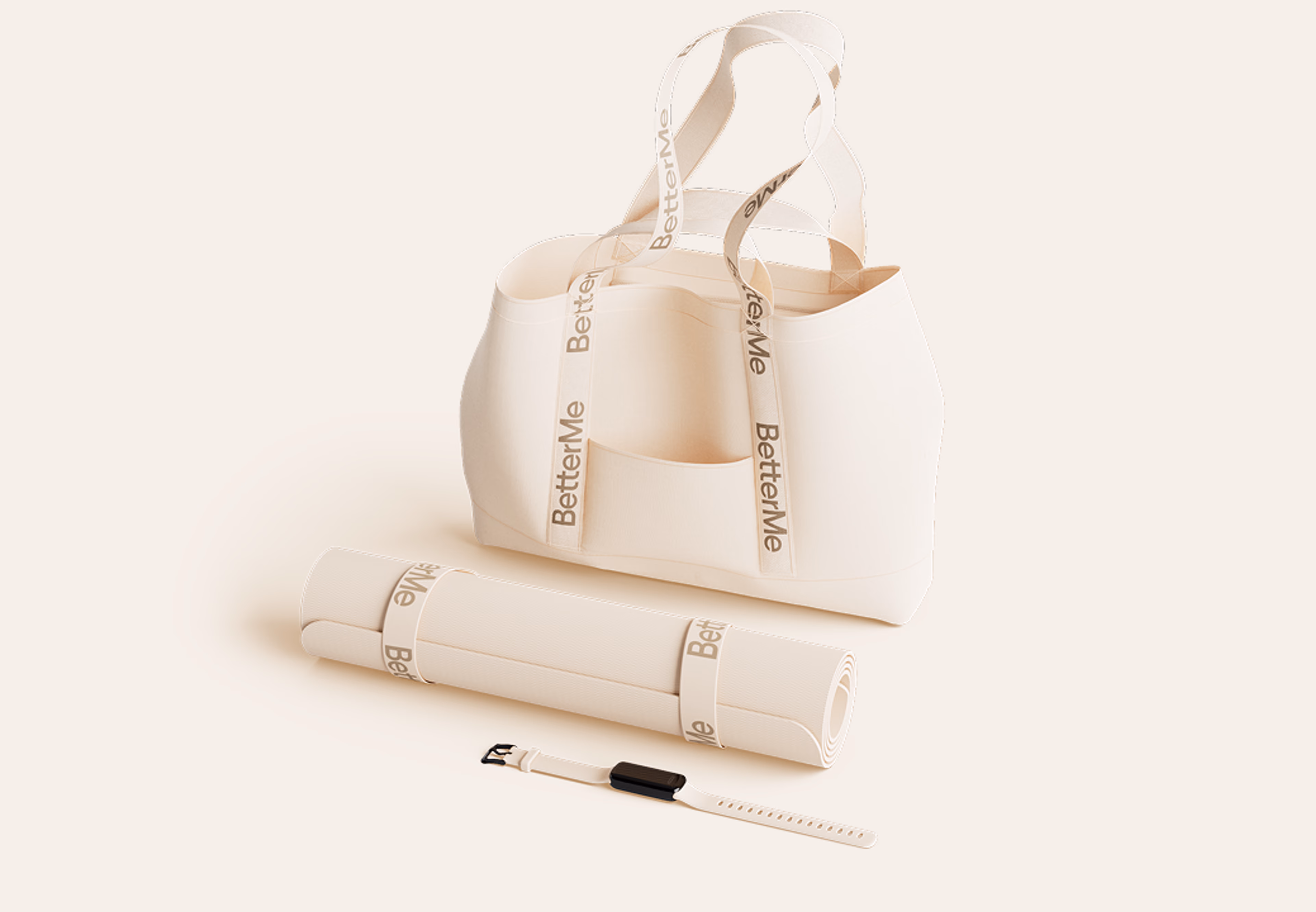 BetterMe anniversary gift set with a branded tote bag, a rolled yoga mat and a fitness tracker
