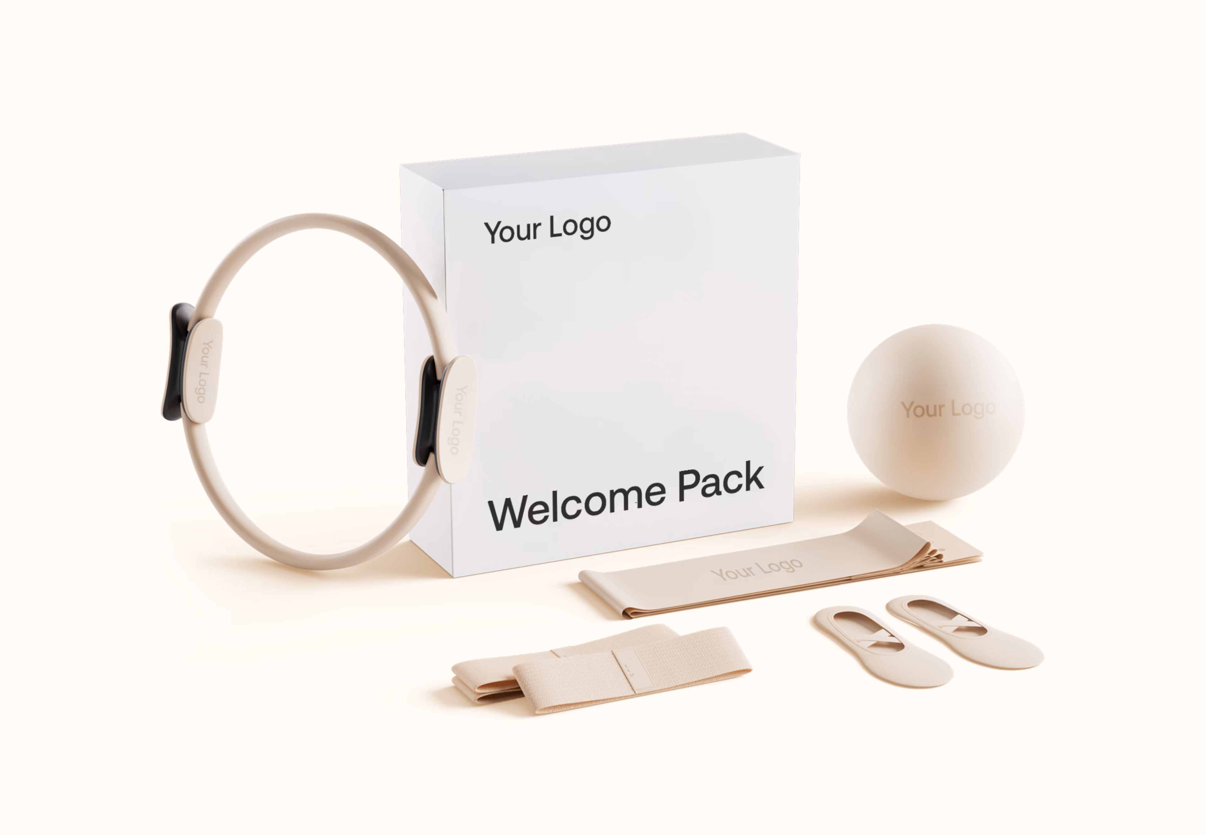 BetterMe welcome pack box with a branded massage roller, ball, resistance band and slides