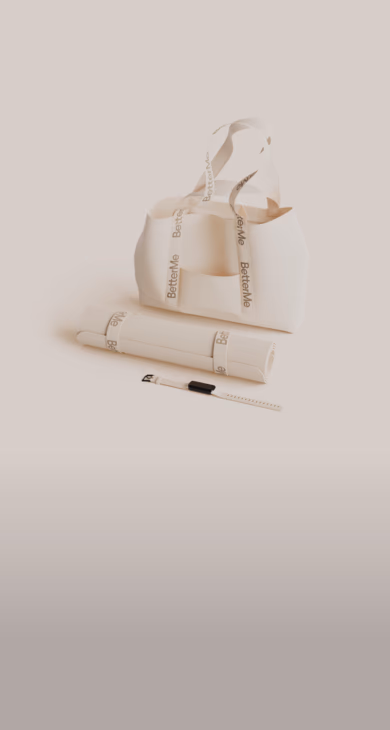BetterMe branded tote bag, rolled yoga mat, and fitness tracker from the employee appreciation gift bundle