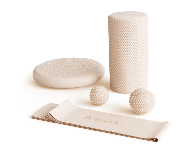 BetterMe milestone bundle work anniversary gift with a foam roller, balance cushion, two massage balls, and a branded resistance band